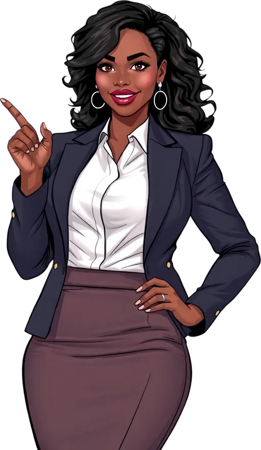 Illustrated founder in a navy blazer pointing up