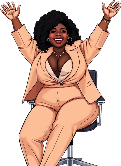 Illustrated founder in a peach suit seated with both arms raised